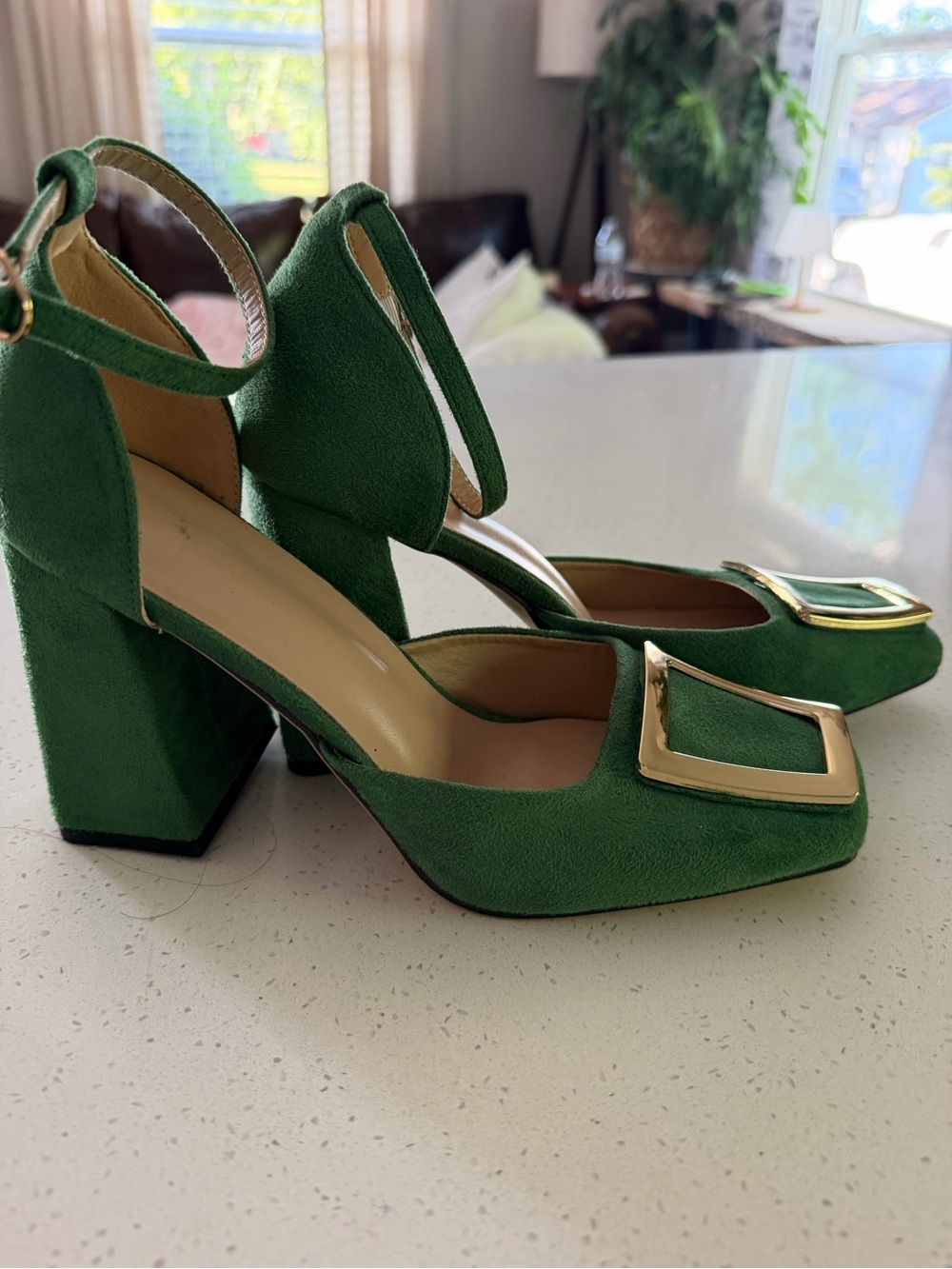 Green Suede Block Heel Pumps with Gold Buckle